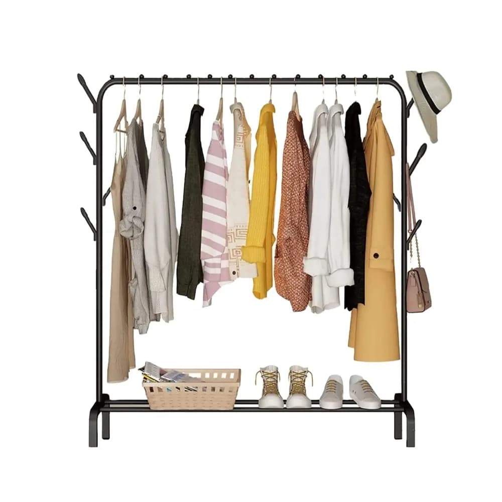 Movable Clothes Rack Telescopic Floor Hanger Stand Storage Wardrobe Hat Stand Storage Box