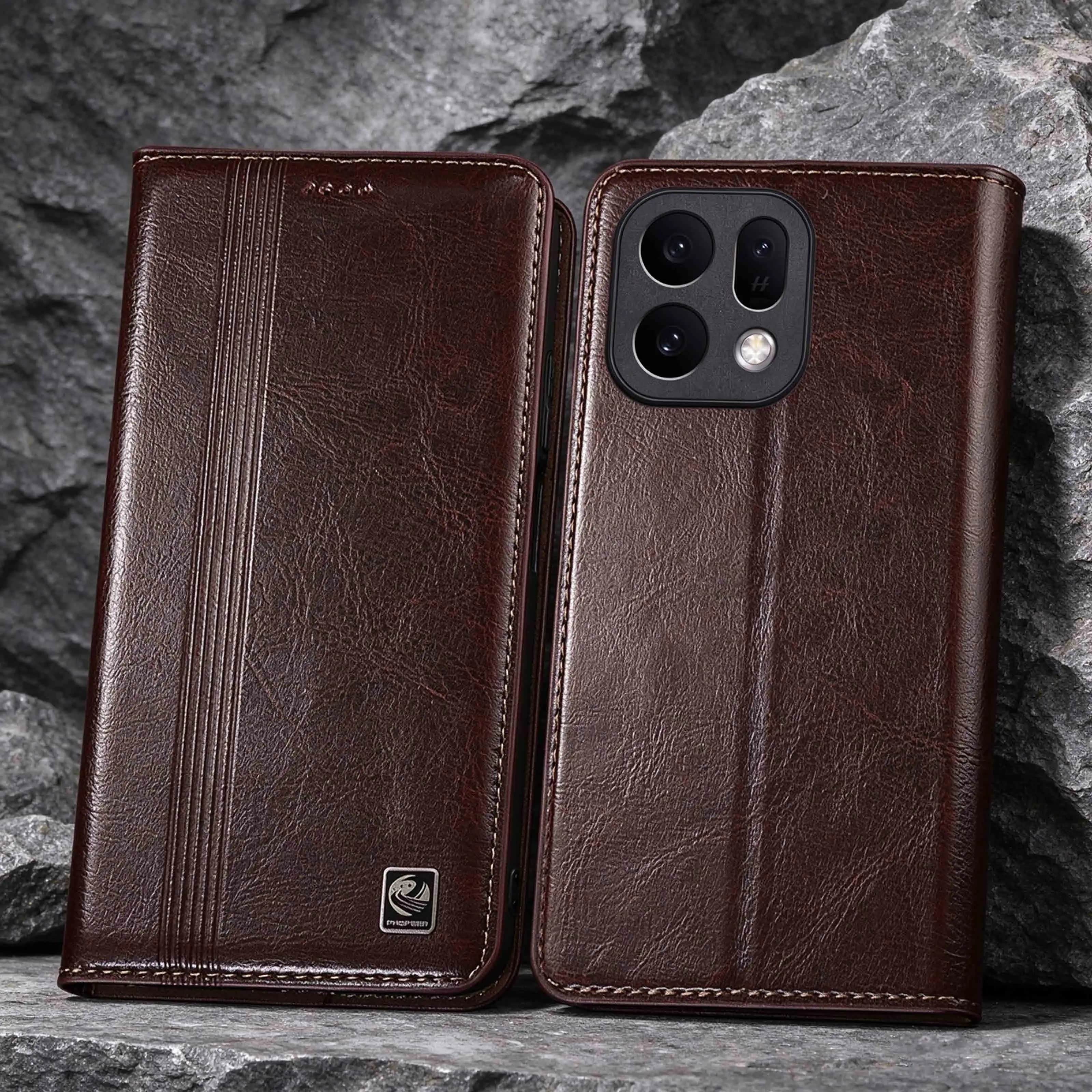 Vertical Line Genuine Leather Flip Phone Case For OPPO Find X5 X6 X7 X8 X8S X9 X10 E Pro Max Plus Ultra Lite Cover Case Cowhide
