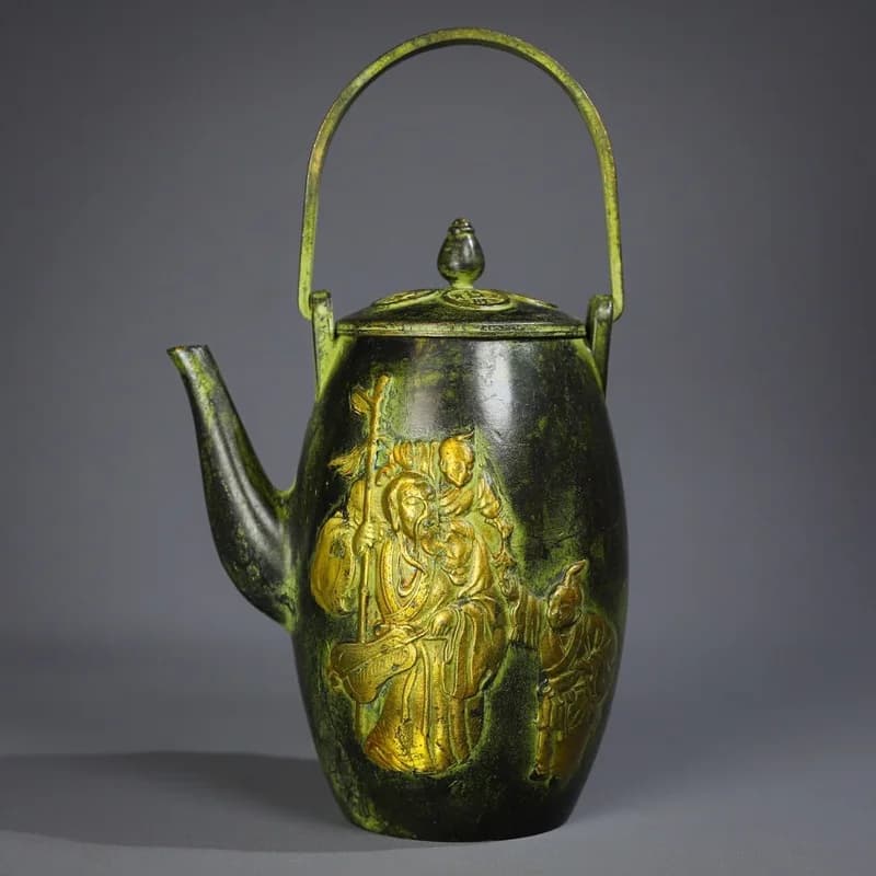 Antique Collectible Teapot and Wine Flask Eight Immortals Motif, Bronze Color with Gilt Decoration for Collecting an