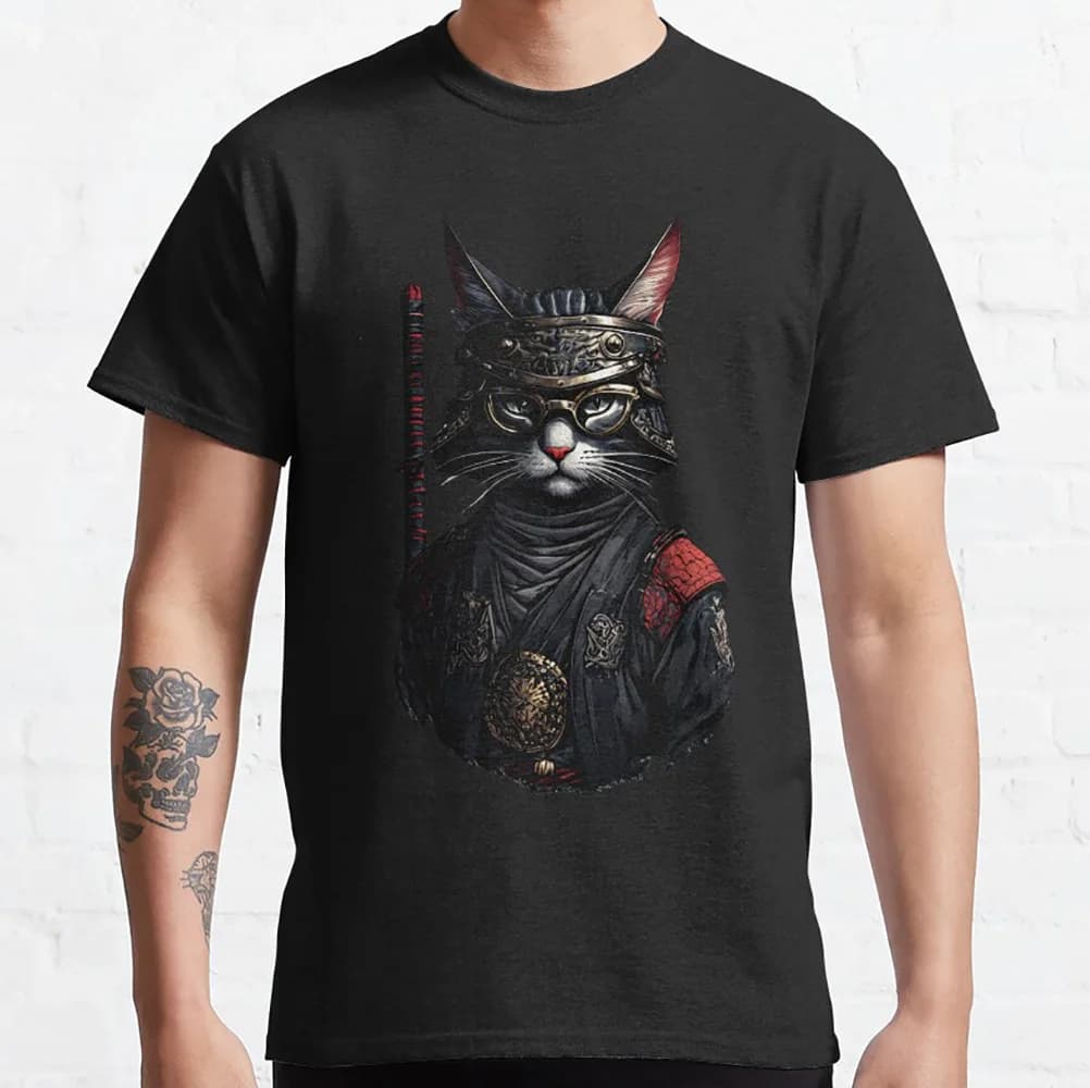 Cool Samurai Cat With Katana Gift t shirt for cats lover 100% cotton printed tee Short Sleeve Graphic Clothes All size tops