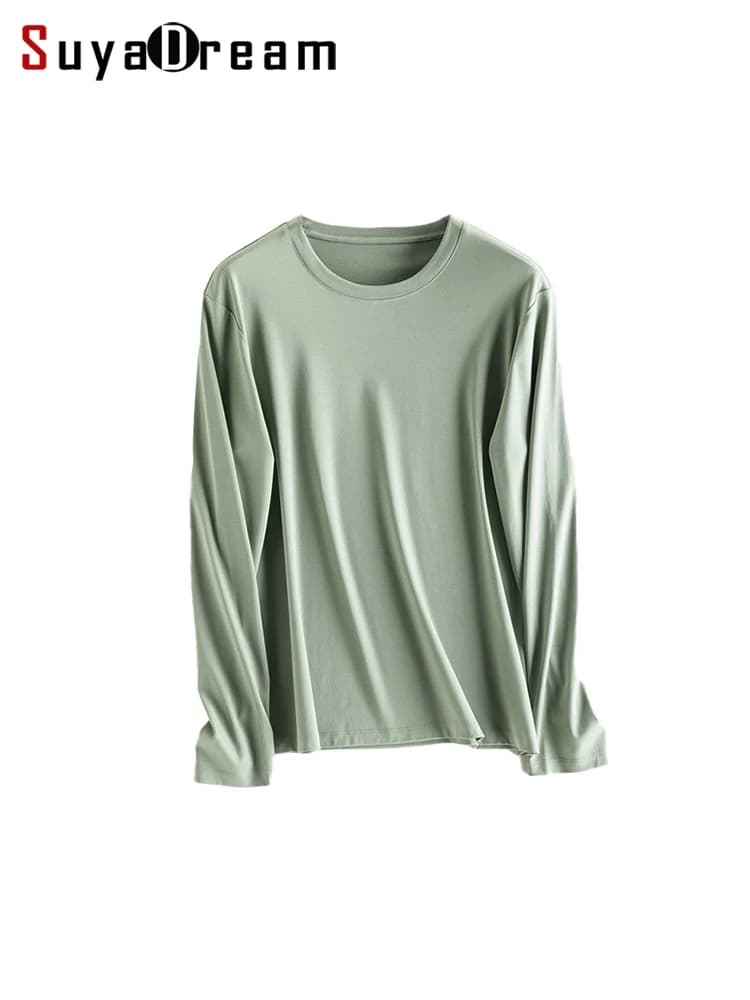 SuyaDream, Mens Solid Tee, Cotton Silk Blend, O neck, Long Sleeved Cozy T Shirts, 2025 Simple Chic Top, White, Grey