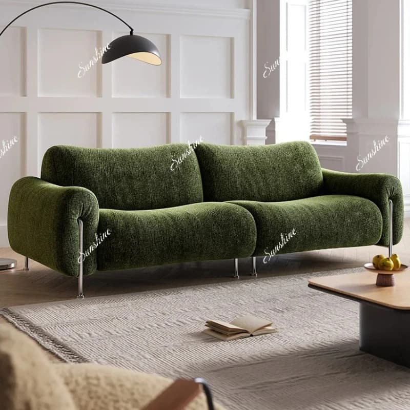 French exquisite living room size apartment straight row avocado green sofa