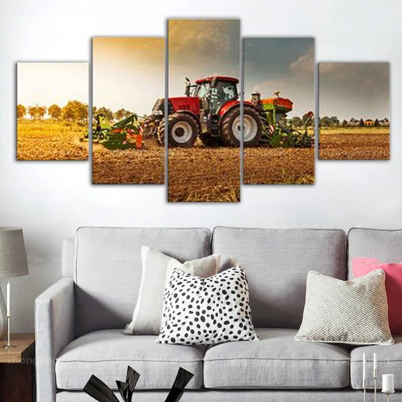5 Pieces Wall Art Canvas Artwork Red Tractor Harvester On Farm Picture Print Home Decor HD Poster Painting Living Room Framework