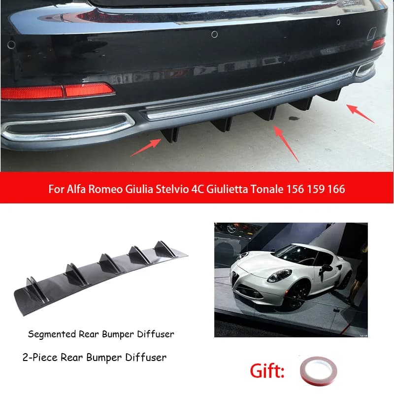 For Alfa Romeo Giulia Stelvio 4C Giulietta Tonale 156 159 166 ABS Rear Bumper Lip Diffuser Shark Fin Anti-collision
