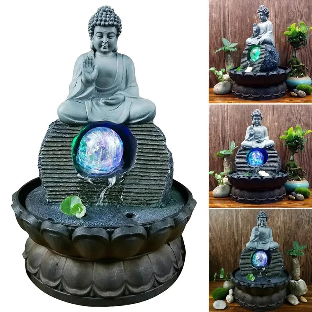Buddha Water Fountain, Resin LED Desktop Fountain with Flowing Water for Zen Meditation Feng Shui, Home Office Desk Decor