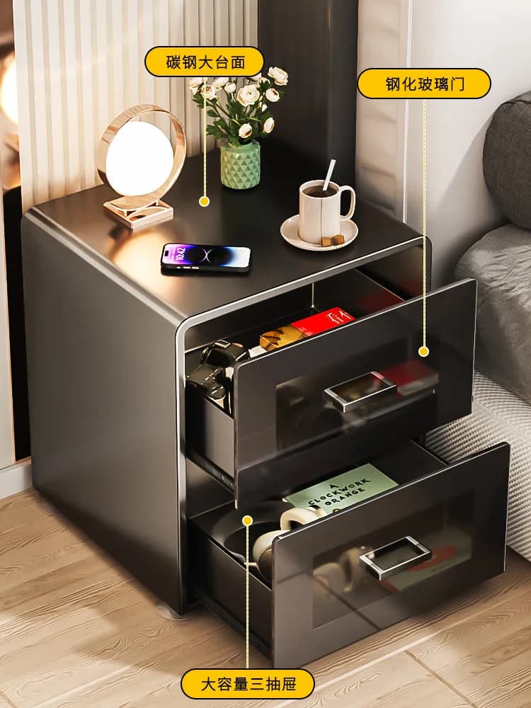 PYH steel bedside table with drawers, iron sheet art model, light luxury and high-end sense, all-metal storage cabinet