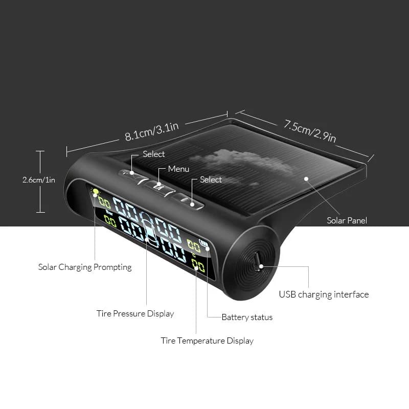Solar Powered Automotive TPMS Tire Pressure Monitoring System HD LCD Display Wireless External Tire Sensors Auto Alarms for Car