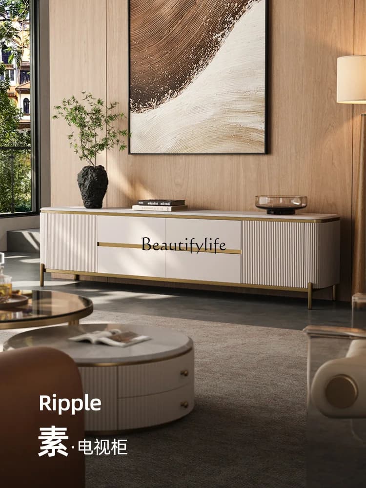 04Italian light luxury natural marble TV cabinet household living room modern high-end villa floor cabinet