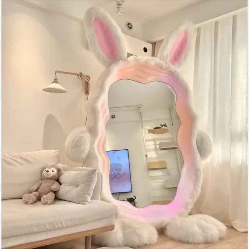 New living room and bedroom decorations, fully aesthetically pleasing irregular standing mirror, rabbit plush mirror