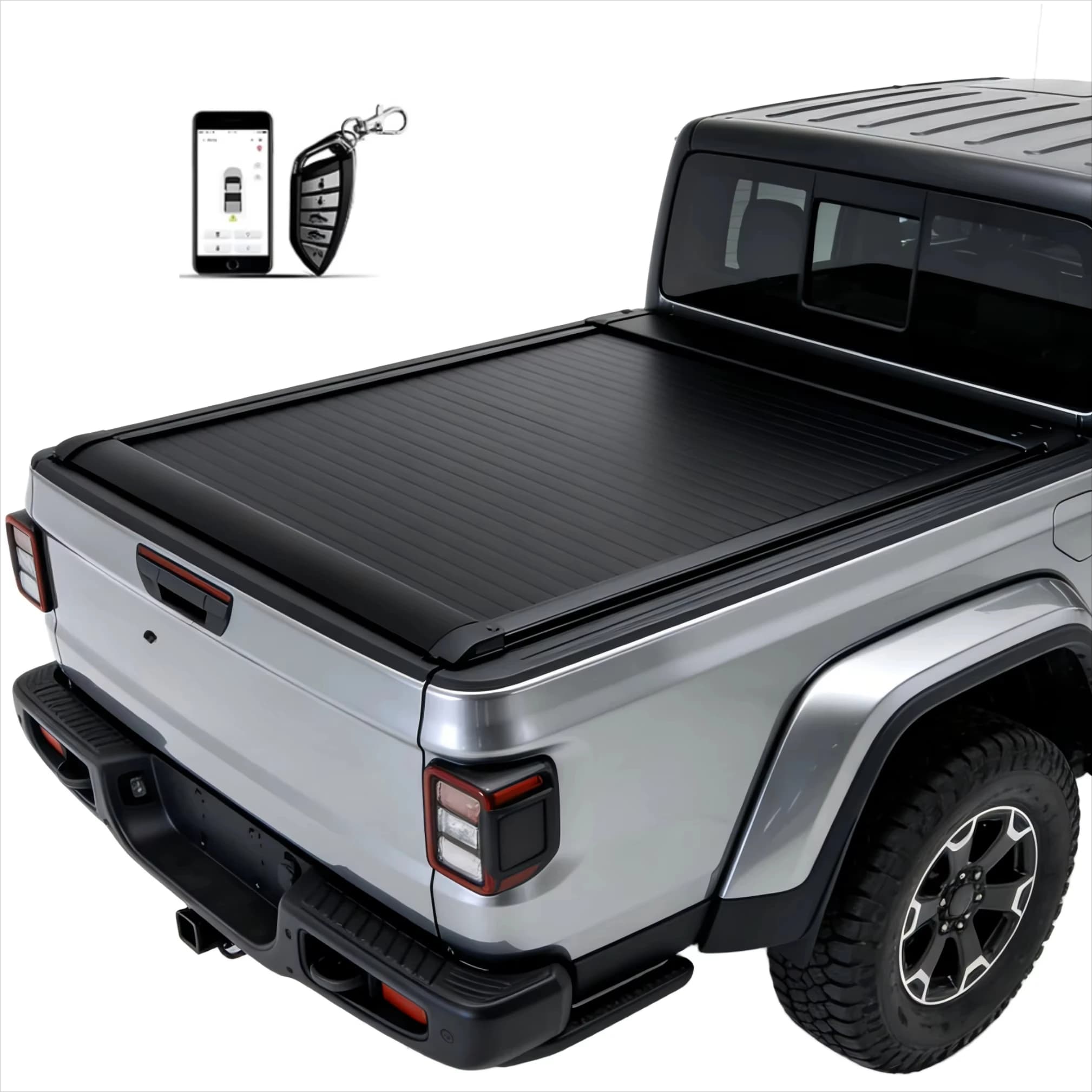 Electric Black Pickup Truck Retractable Roll-Up Tonneau Cover Aluminum Alloy No Drilling Required for Jeep Gladiator 2019-