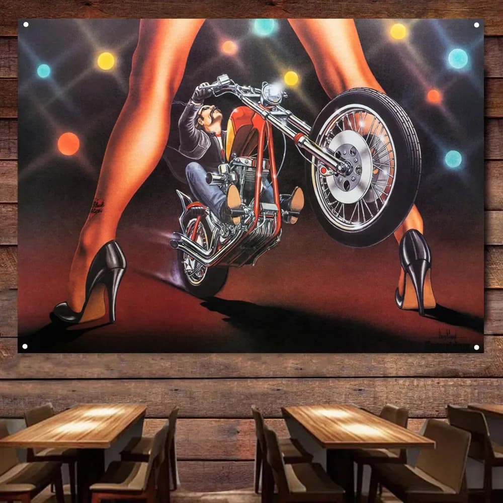 Girl Crotch Motorcycle Rider Painting for Garage Vintage Banner Wall Flag Gas Station Man Cave Auto Poster Home Decor Stickers