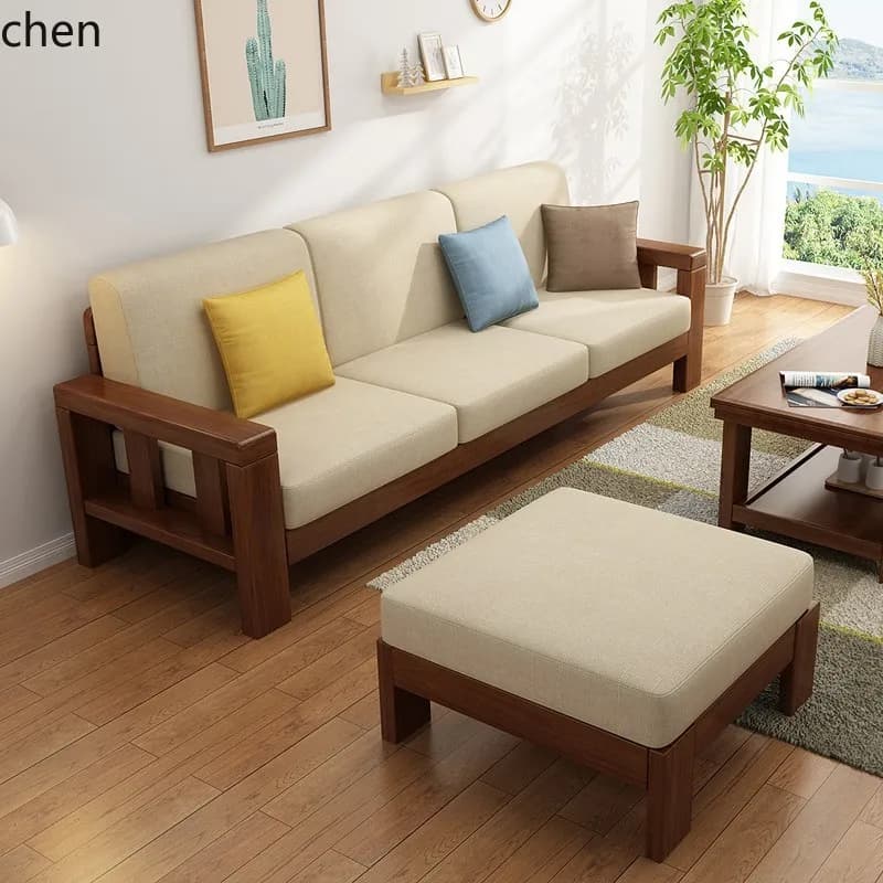 PYH Solid Wood Sofa Set for Home Living Room Modern Simple Small Apartment Wooden Fabric Sofa