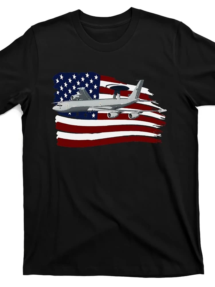 Vintage USA Flag&AWACS Plane Graphic-with Sentry AWACS Aircraft Design-100% cotton O-neck casual printed men's T-shirt.