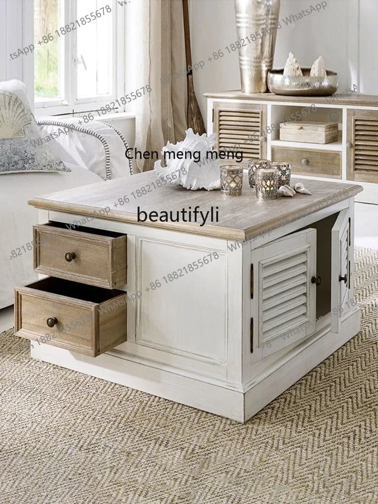 K185 American Country Solid Wood Coffee Table French Entry Lux Vintage Distressed Coffee Table Small Apartment Living Room