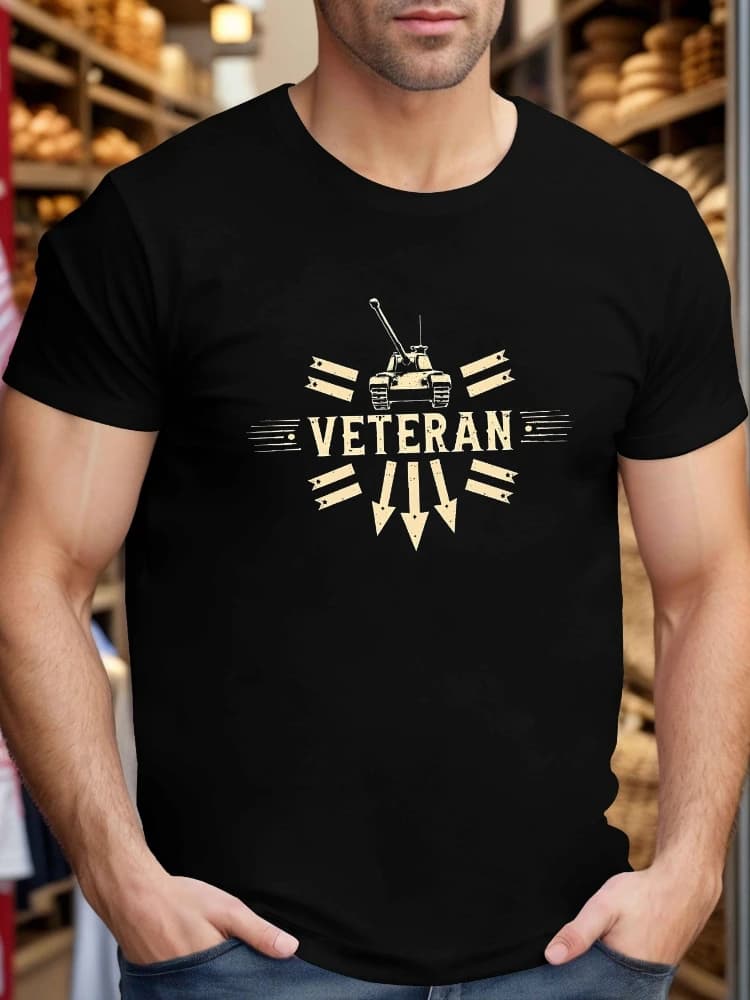 Veteran Vintage military tank design Crinkle Plus design-100% cotton summer O-neck short sleeve casual printed men's T-shirt.