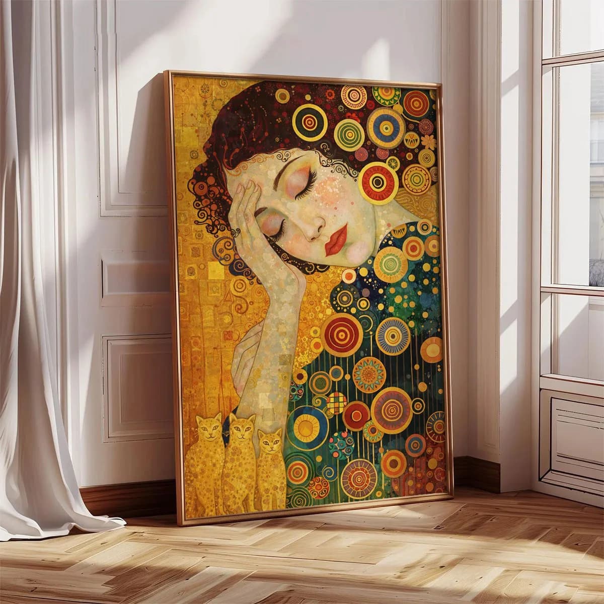 Klimt Style Golden Woman And Cats Vintage Canvas Poster Wall Art,2D Print Decor,Luxury Decor For Living Room