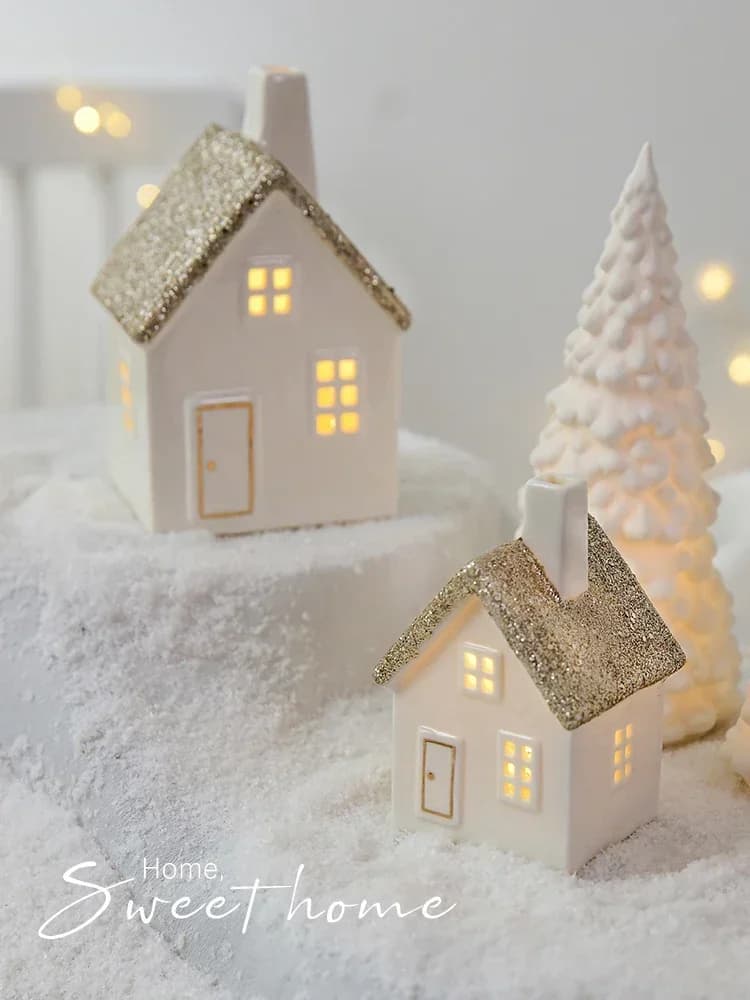 Snow Champagne Gold Sparkling Powder Ceramic Christmas House