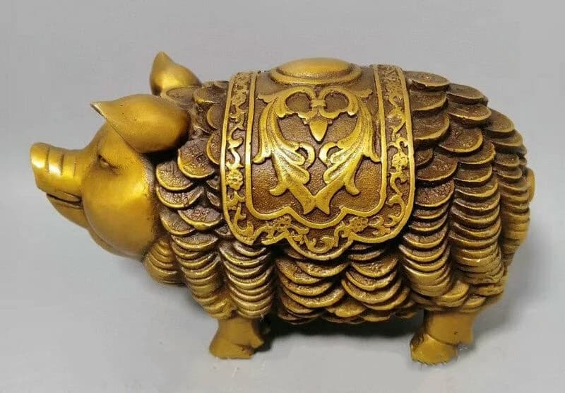 6" Marked China Pure Bronze Wealth Money Zodiac Year Animal Pig Swine Statue