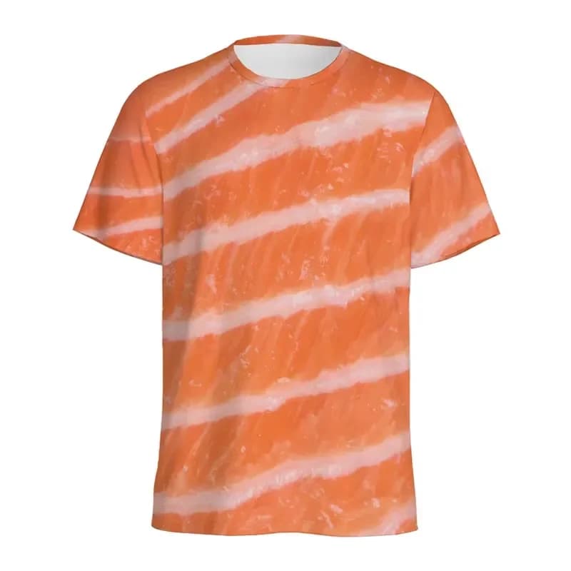2026 Creative 3D printed men's short sleeve T-shirt featuring fresh beef lamb and salmon patterns designed for outdoor sports