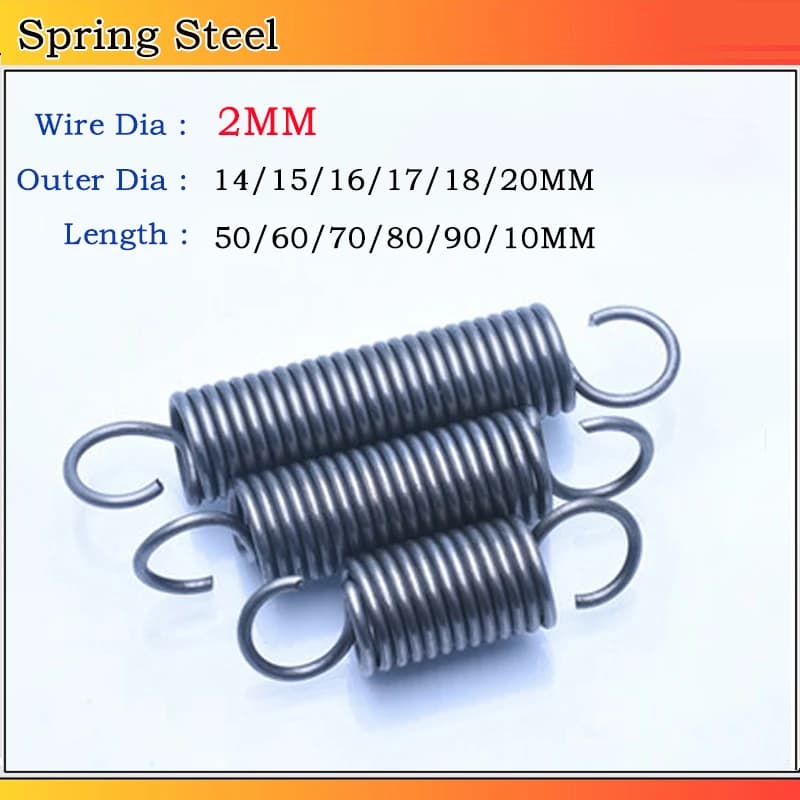 Spring Steel  Single Hook SpringTension Spring 1~50PCS Wire Dia 2MM Outer Diameter 14/15/16/17/18/20MM Length 50~100MM