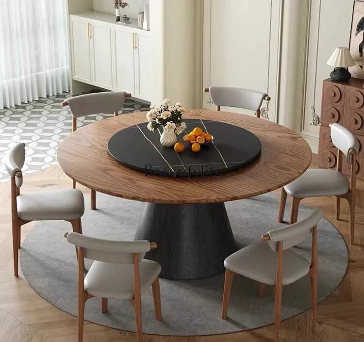 FG43*Wabi Sansan ash wood round table with turntable all solid wood small apartment simple rock slab dining table