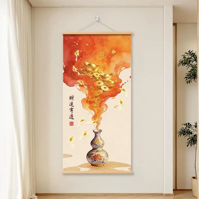 Golden Gourd Good Fortune Botanical Vertical Wall Scroll Art
