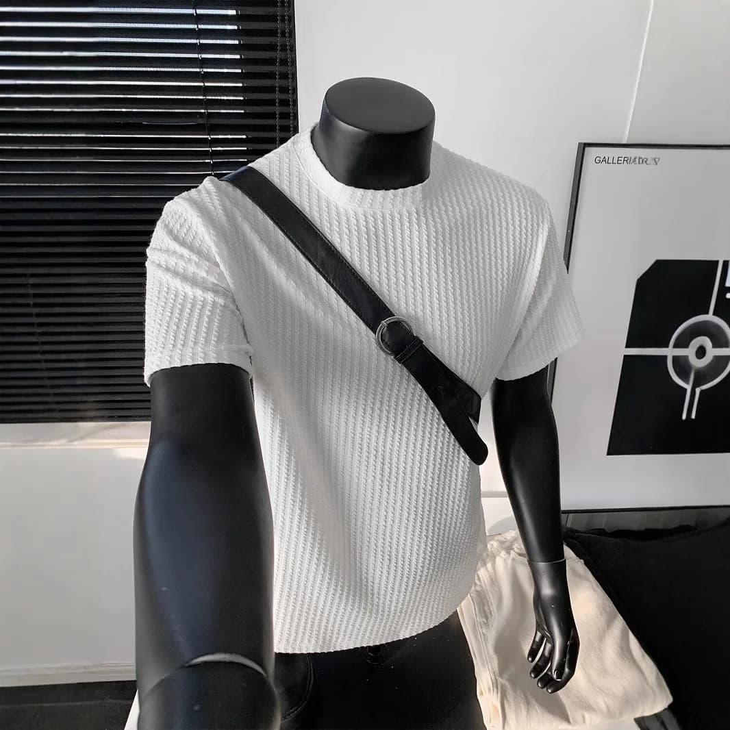 Cleanfit Black Striped Knitted Short Sleeve Men's 2026 Summer Elastic Ice Silk T-Shirt Small Neckline with Bottom Shirt