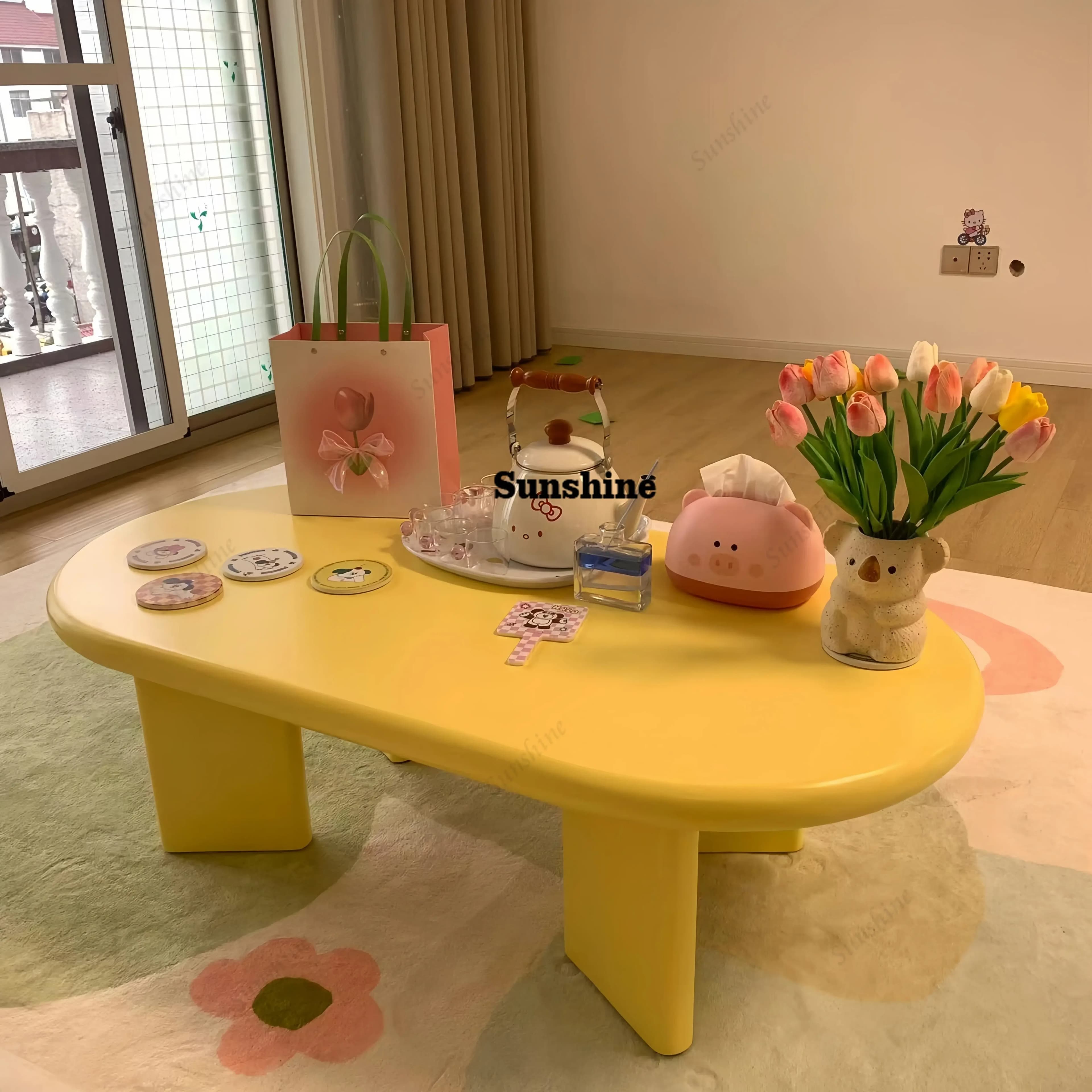Cream wind solid wood color coffee table oval simple modern small apartment tableTJ