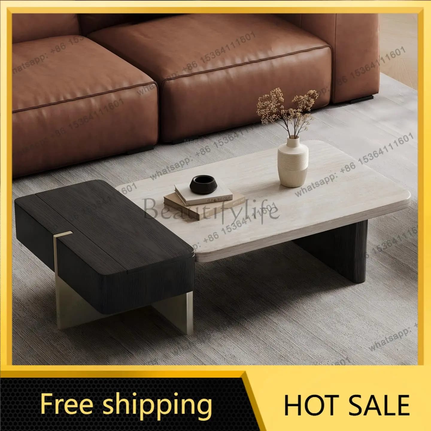 LS  Travertine Coffee Table Living Room Household Small Apartment Medium and Ancient Rectangular Coffee Table Combination