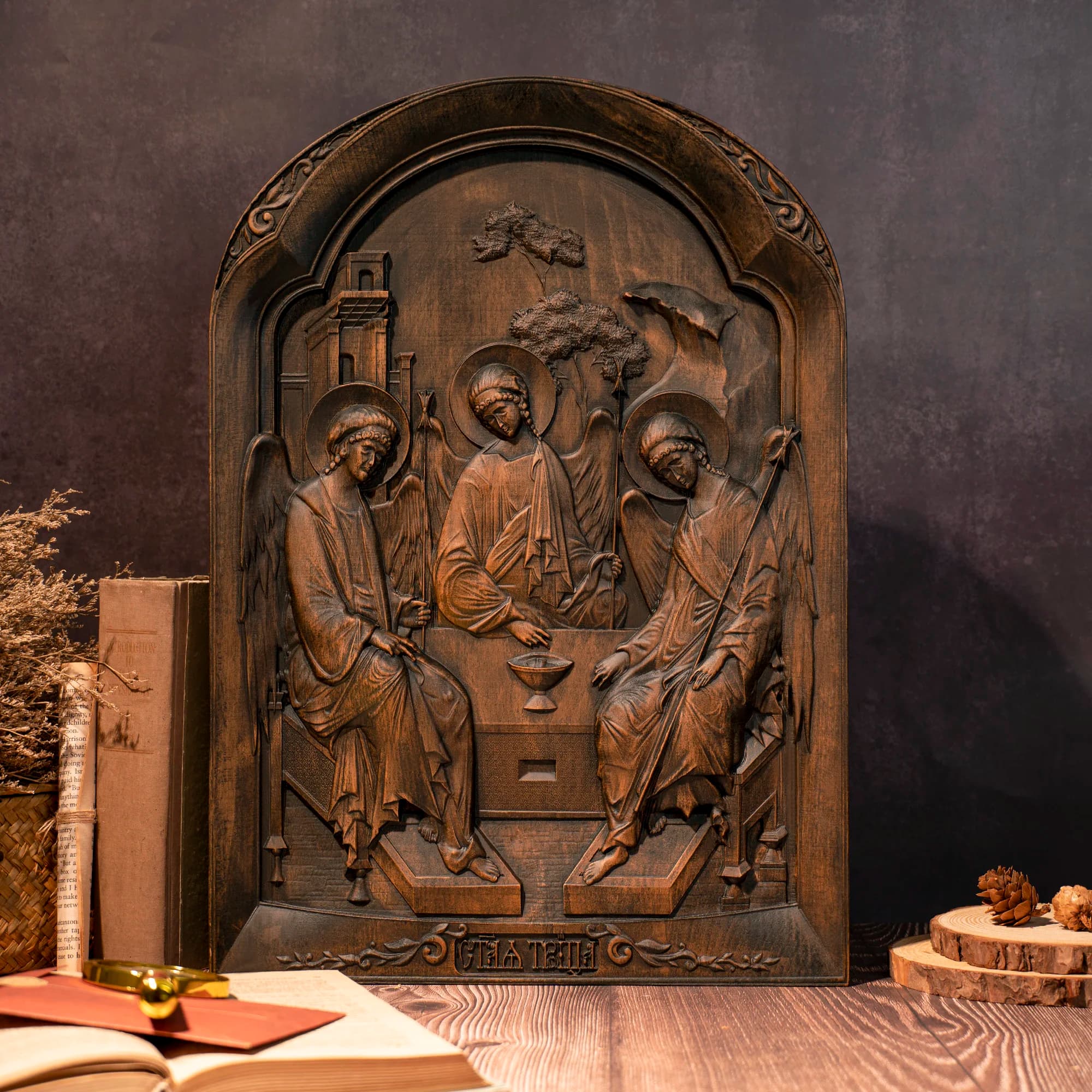 Catholic Holy Trinity Wood Carving Ornament, Religious Home Decor, Holy Family, Holy Spirit, Wall Decor