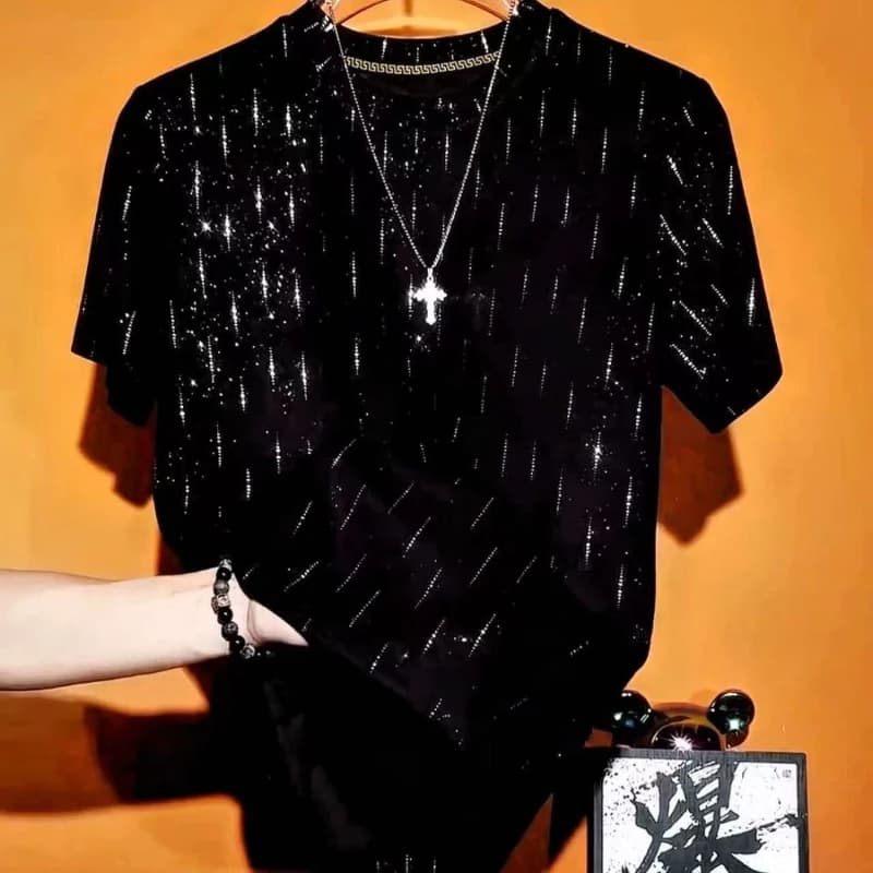 Stylish Men's Short Sleeve T-Shirt With Sparkling Print For Party And Casual Wear Hip Hop Fashion Look