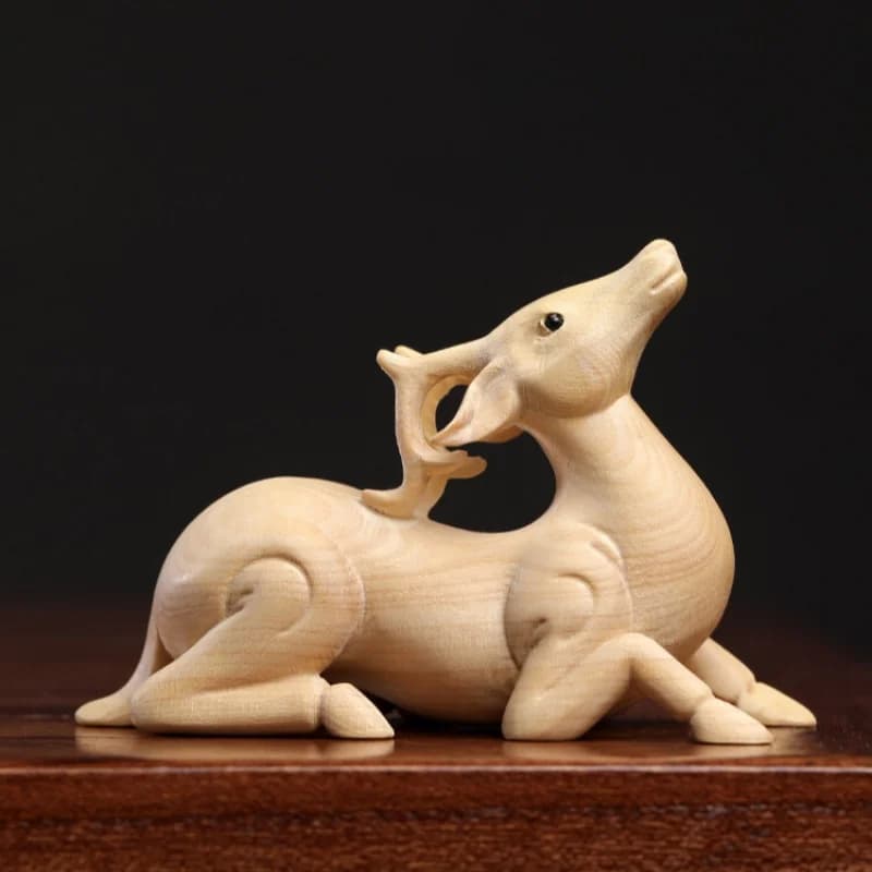 7.6*3.1*5.4cm Hand Carved Natural Boxwood Netsuke: Blessed Deer
