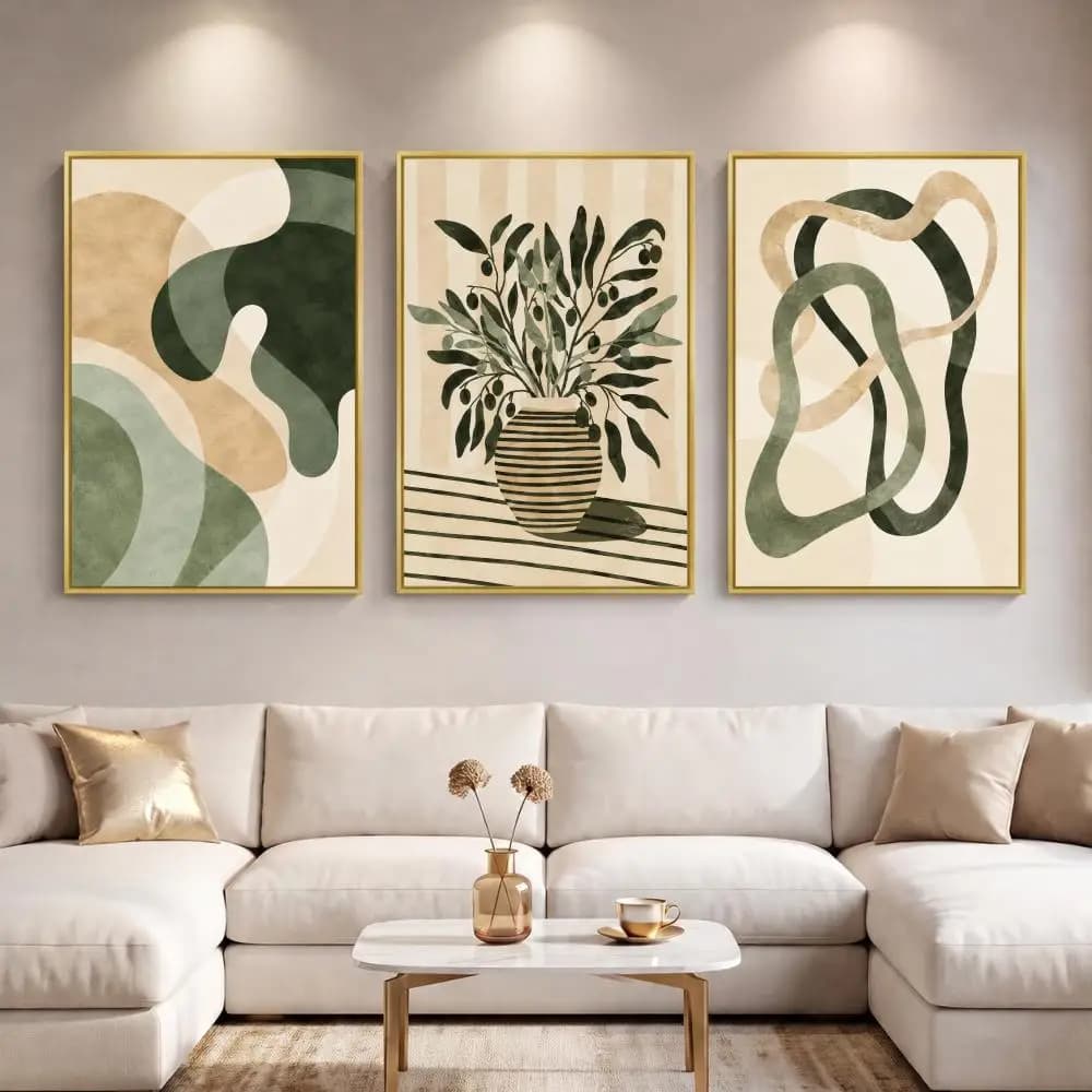 Boho Green Abstract Botanical Painting Calligraphy 3 PCS Canvas Wall Art Prints for Living Room Decor Modern Fashion Wall Decals