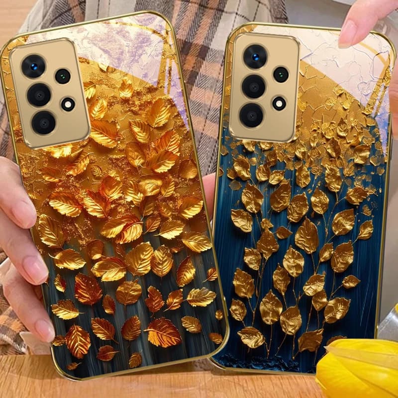 Golden leaves or petals For Samsung A56 A55 A54 A53 A52s A52 A51 A16 A15 A14 A13 A12 A36 A35 A34 33 32 Golden glass phone case