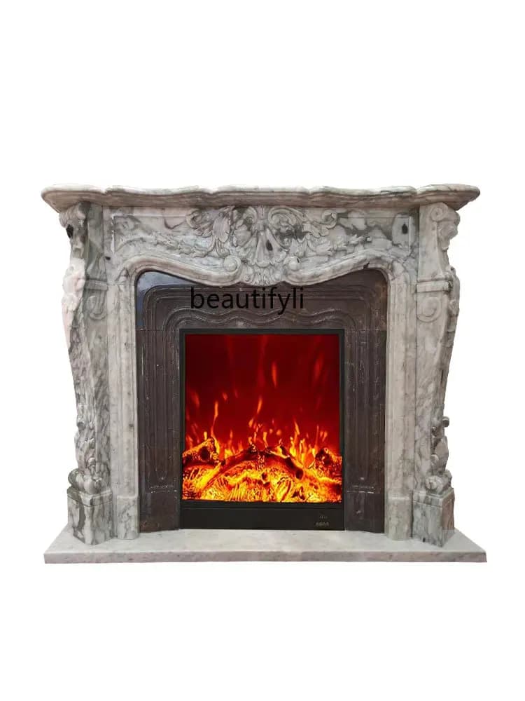 Stone carving marble large white flower European carved fireplace frame living room decoration cabinet customization