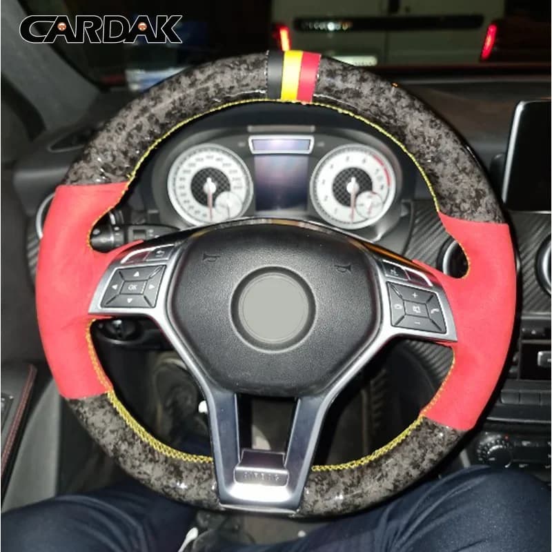 CARDAK Black Leather Forged Carbon Leather Car Steering Wheel Cover for Mercedes Benz A-Class 2013-2015 CLA-Class 2013 C-Class