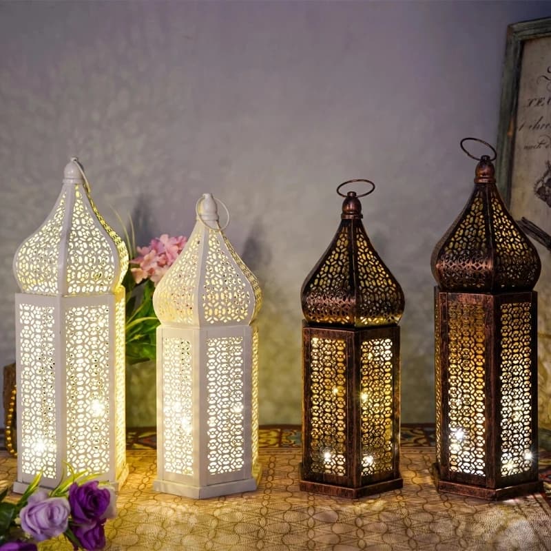 LED Wrought Iron Wind Lamp Can Be Hung with Hexagonal Antique Copper Hollow Lantern for Home Atmosphere Decoration Light