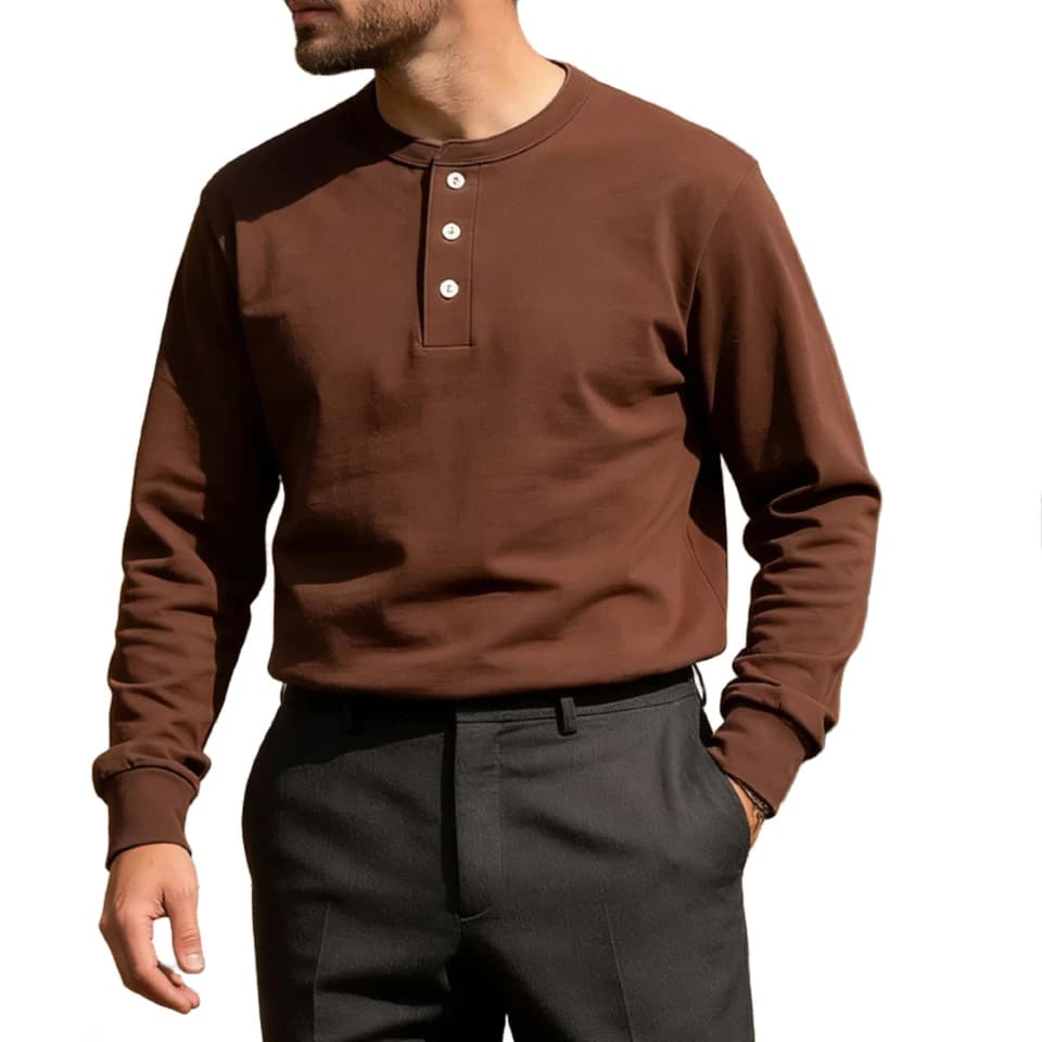 Men T-shirt Vintage Henley Shirt 280g Cotton Long Sleeve Half Button Solid Color Casual Daily Wear Basic Pullover Tee Tops
