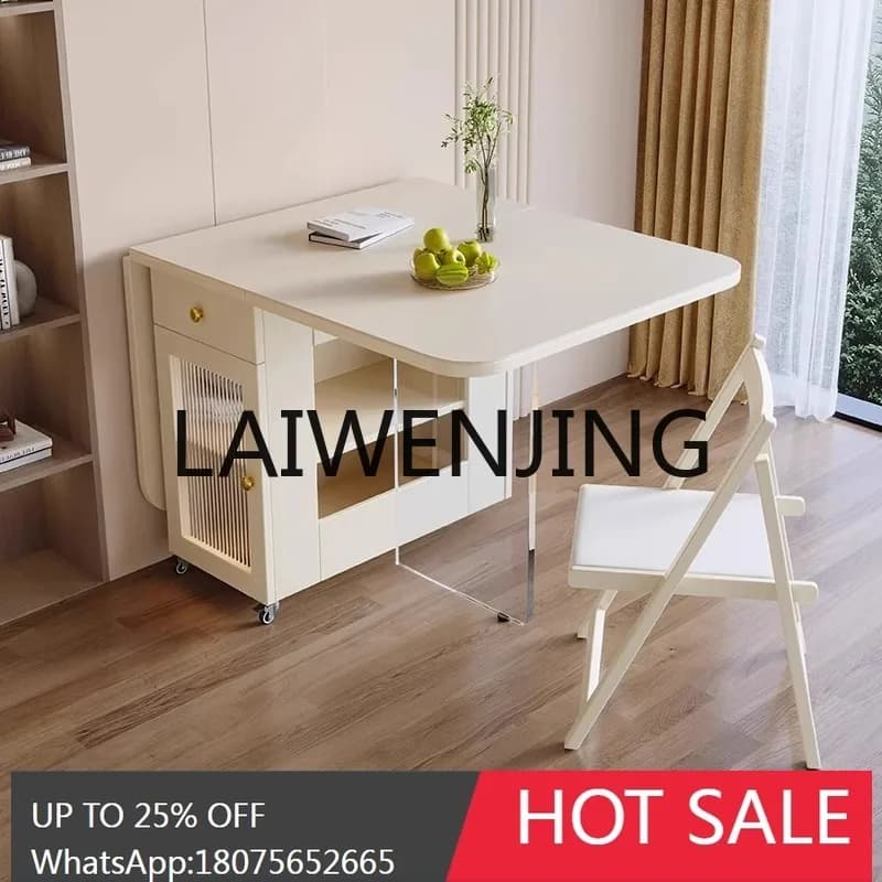 Cream wind dining table folding household telescopic acrylic movable multi-functional rock plate dining table