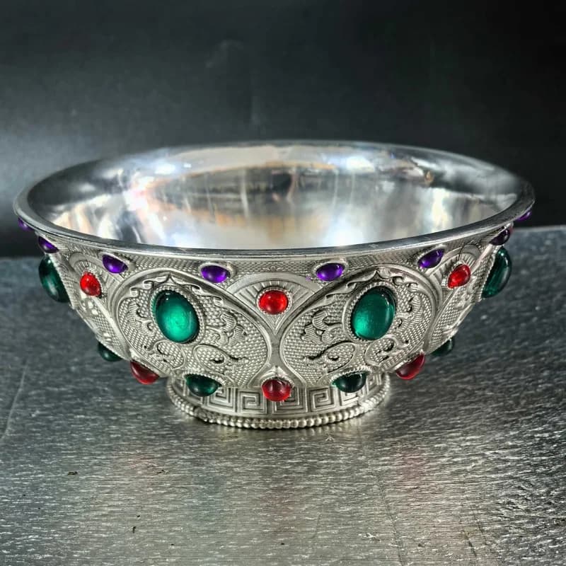 Qianlong Era Gemstone , Silver-Plated , Copper Bowl, Home Craft Ornament, Tibetan Tantric Buddhist Holy Water Cup