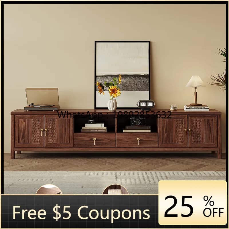 1LYY New Chinese Style Solid Wood TV Cabinet Coffee Table Black Walnut Small Apartment Living Room Furniture Set TV Wall Cabinet