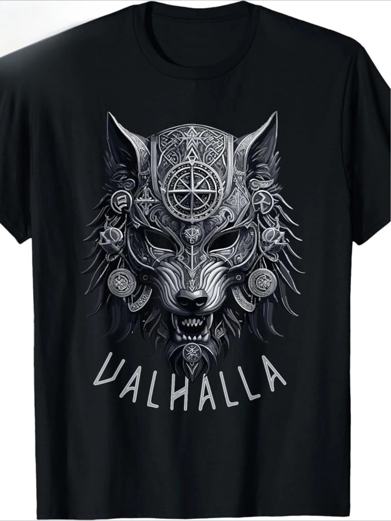 Valhalla Wolf Mask for-Norse Runes & Compass Design-100% cotton summer O-neck short sleeve casual printed men's T-shirt.