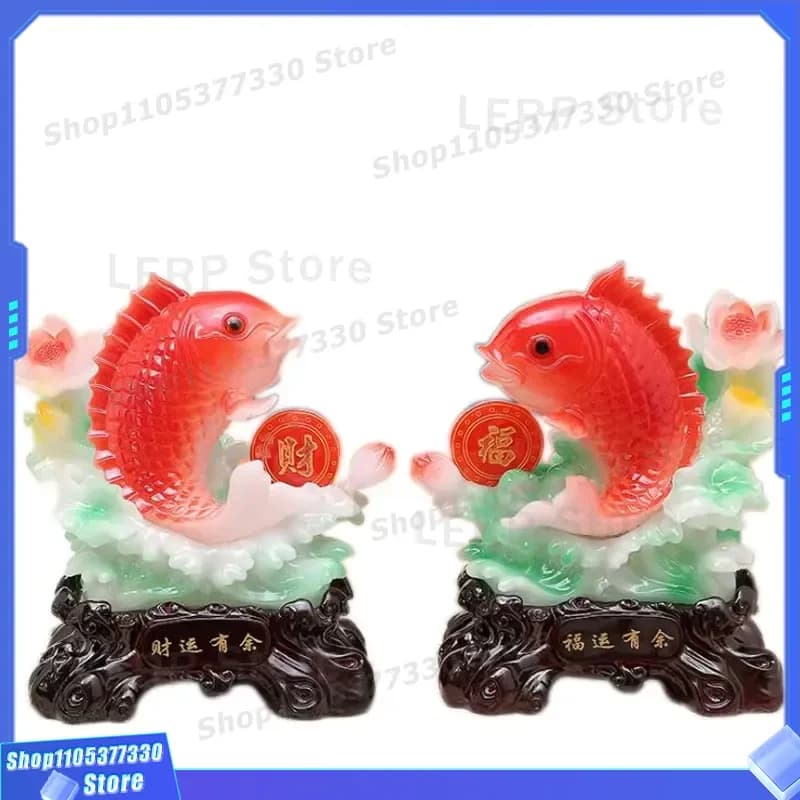 Double Lucky Fish Statue Feng Shui Fortune Decoration Home Office Desktop Ornament Auspicious Animal Figurine for Gift Feng