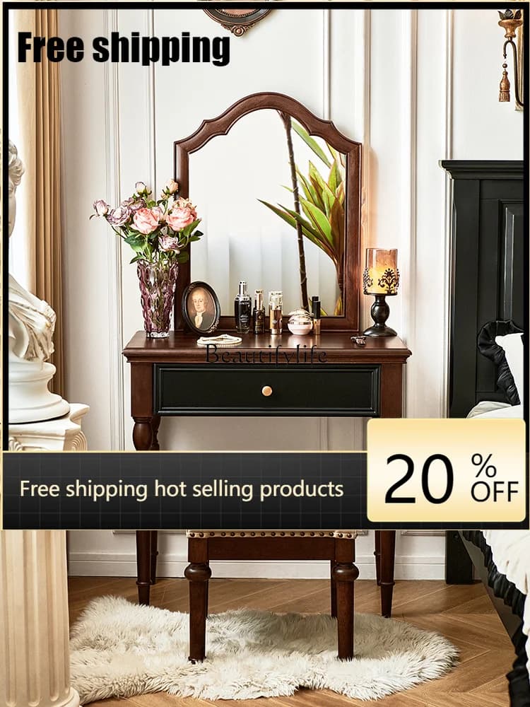 X4 -French medieval solid wood dressing table, black retro 80cm small dressing table, master bedroom with mirror makeup table