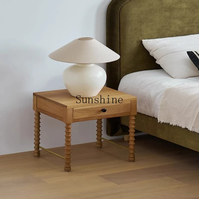 French retro small apartment bedroom bedside locker log wind solid wood rack