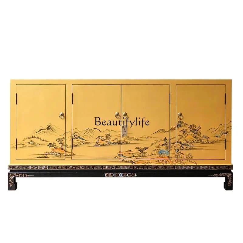 LXNew Chinese style dining side cabinet integrated against the wall tea cabinet table solid wood paintingSSS