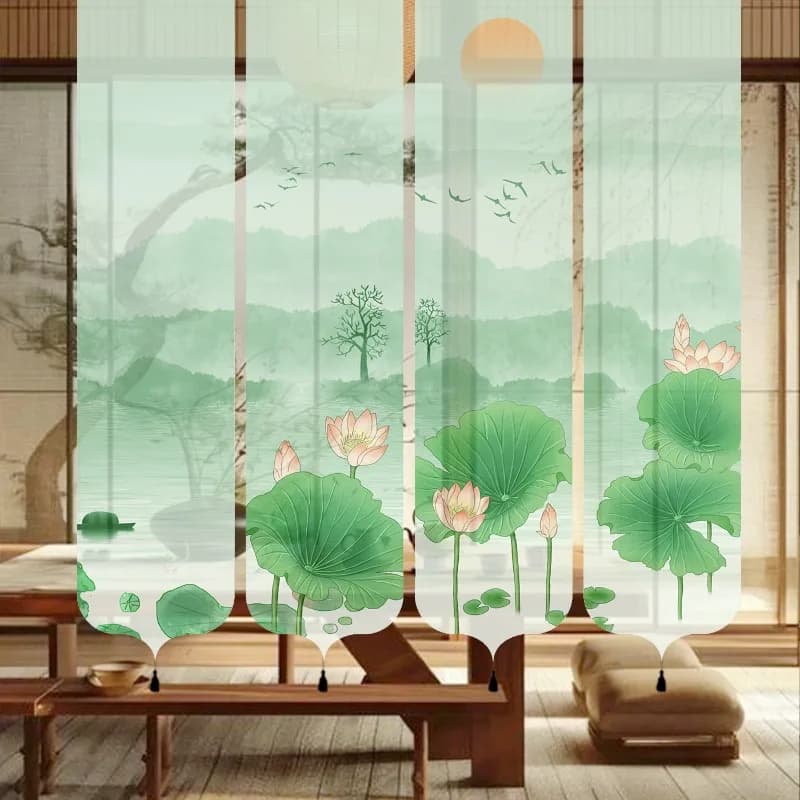 Dopamine Detox Window Divider – Semi Transparent Gauze, Green Lotus Print for Zen Meditation, Mindfulness & Spiritual Wellness