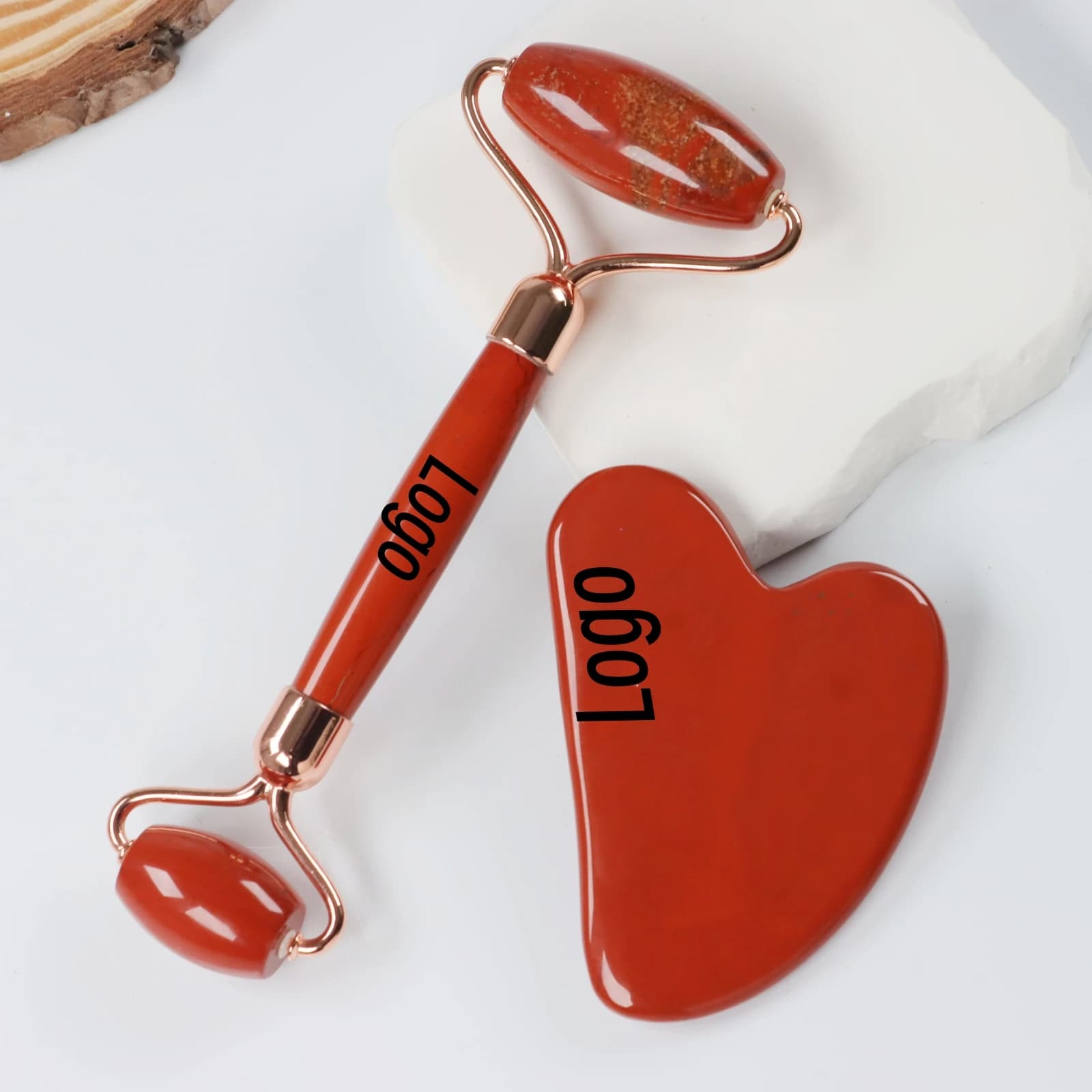 2026 Wholesale Custom Logo Masajeador Rodillo Facial Jade Stone Massage Roller Gua Sha Tool Set Red Jasper Jade Roller for Face