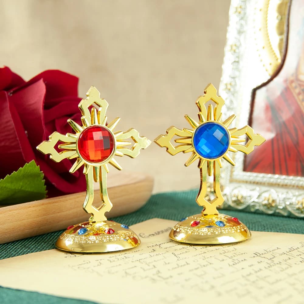 New HT Gold Plated Cross With gemstones Church Home Table Car Standing Cross Prayer Religion Gift Orthodox Ritual Item Gift