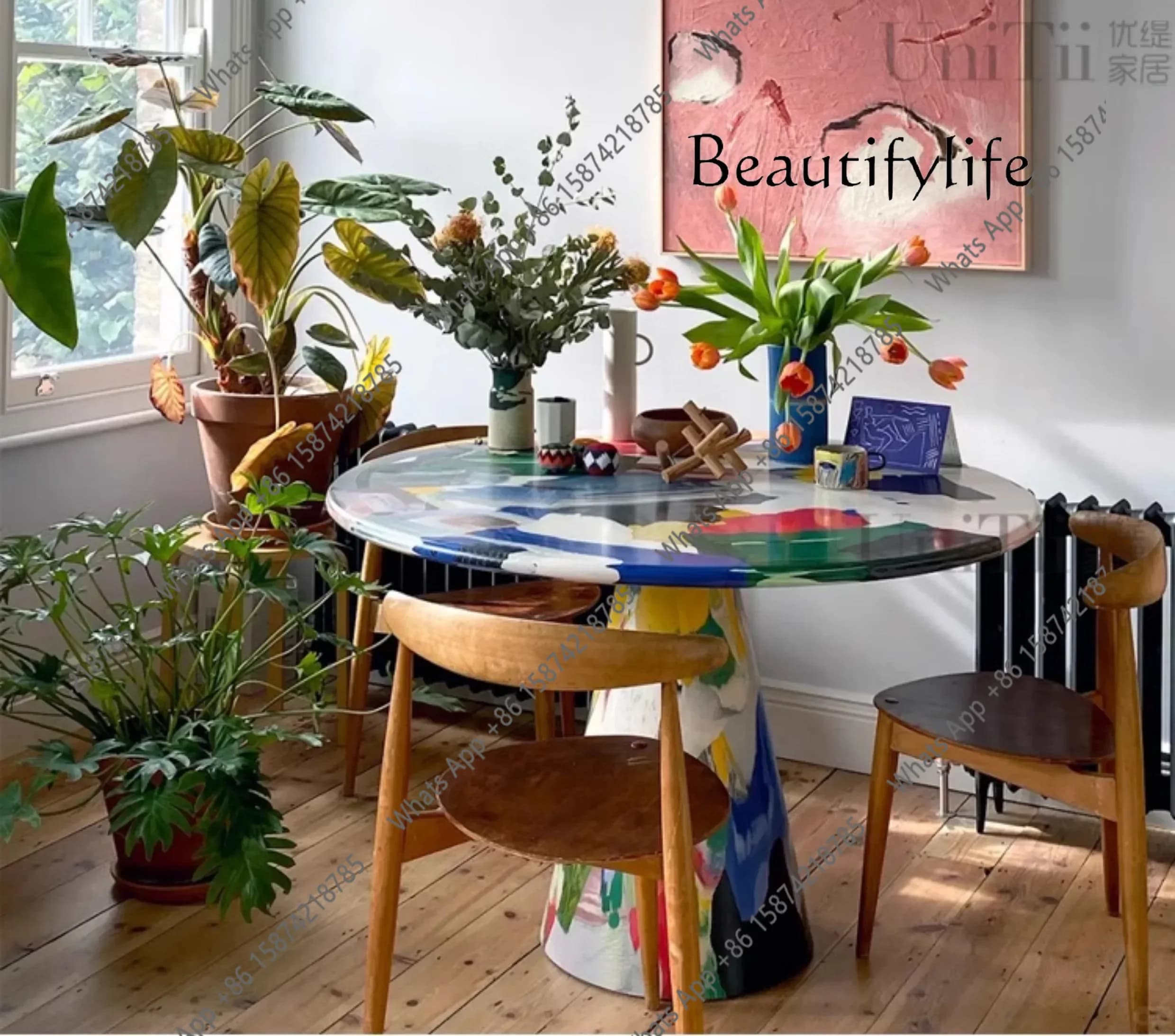 Zc SS FRP Creative Light Luxury Color Casual Dining Table Personalized Oil Painting Pure Hand Painted Round Table